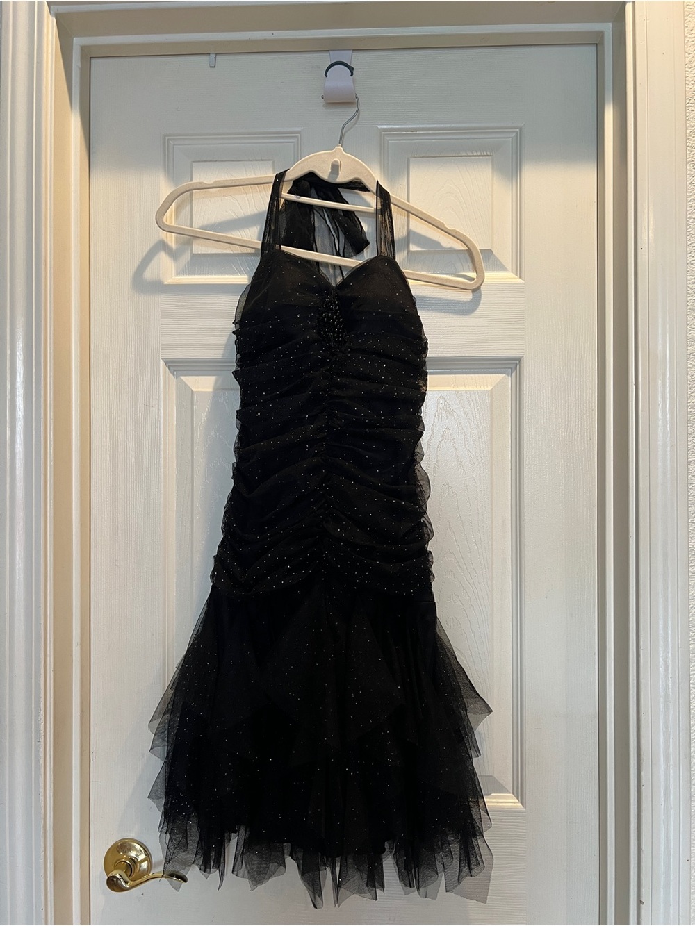 Speechless Black Halter Ruched Tulle Dress with Sparkle